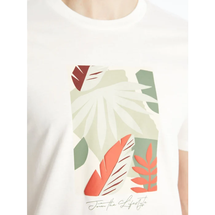 XSIDE Beyaz Bisiklet Yaka Kısa Kollu Baskılı Penye Erkek Tişört