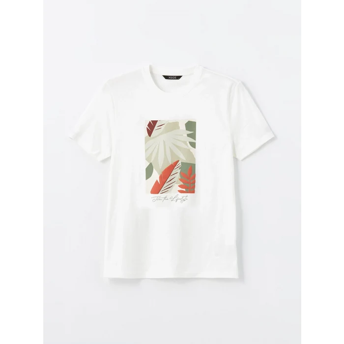 XSIDE Beyaz Bisiklet Yaka Kısa Kollu Baskılı Penye Erkek Tişört
