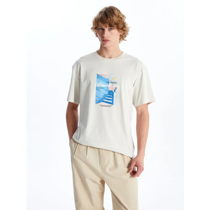 XSIDE Gri Bisiklet Yaka Kısa Kollu Baskılı Penye Erkek Tişört