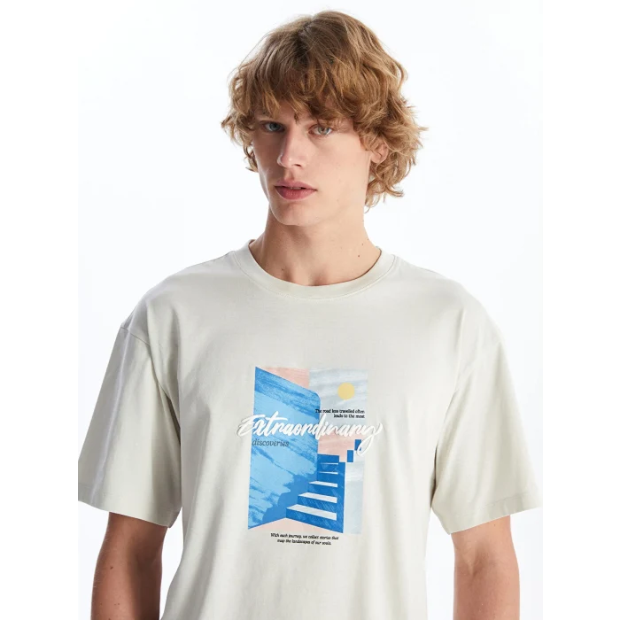 XSIDE Gri Bisiklet Yaka Kısa Kollu Baskılı Penye Erkek Tişört