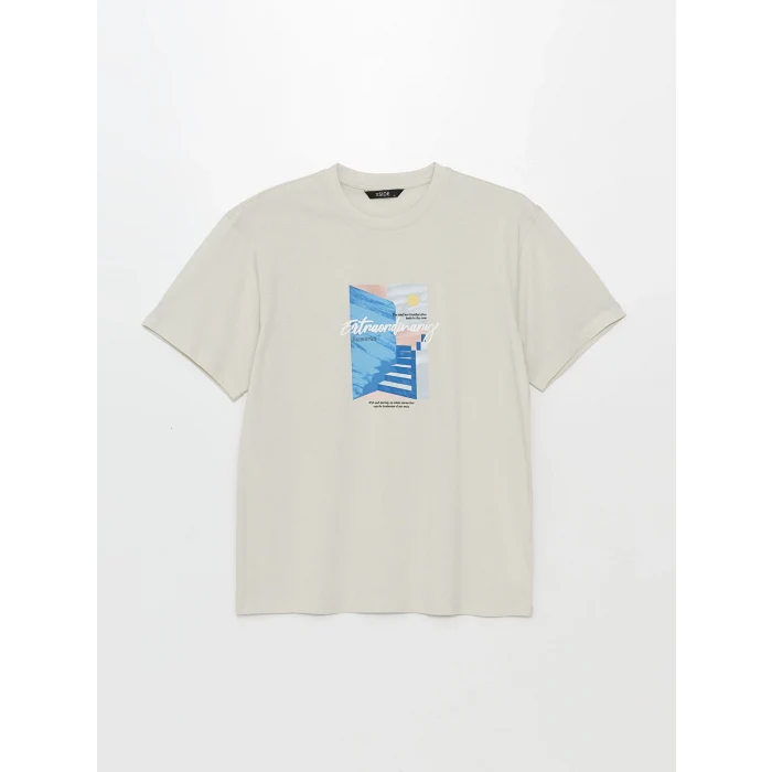 XSIDE Gri Bisiklet Yaka Kısa Kollu Baskılı Penye Erkek Tişört