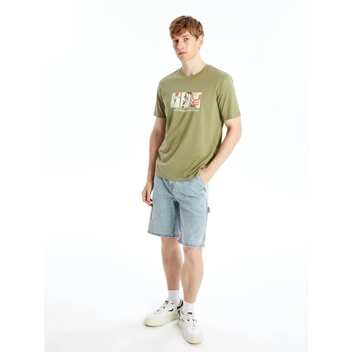 XSIDE Yeşil Bisiklet Yaka Kısa Kollu Baskılı Penye Erkek Tişört