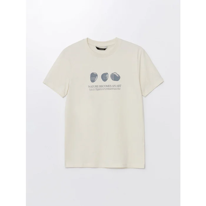 XSIDE Bej Bisiklet Yaka Kısa Kollu Baskılı Penye Erkek Tişört