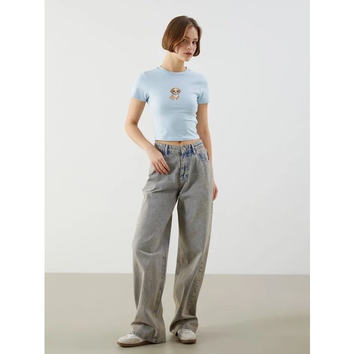 XSIDE Mavi Bisiklet Yaka Köpek Baskılı Kadın Crop