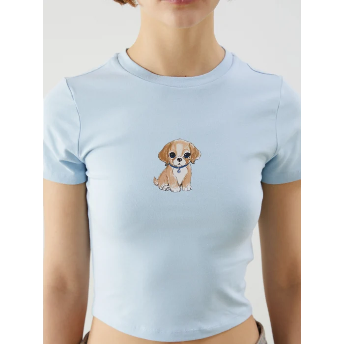 XSIDE Mavi Bisiklet Yaka Köpek Baskılı Kadın Crop