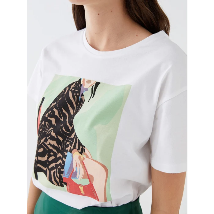 LCW Vision Beyaz Bisiklet Yaka Baskılı Kısa Kollu Kadın Tişört