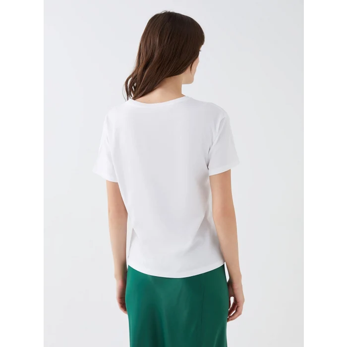 LCW Vision Beyaz Bisiklet Yaka Baskılı Kısa Kollu Kadın Tişört