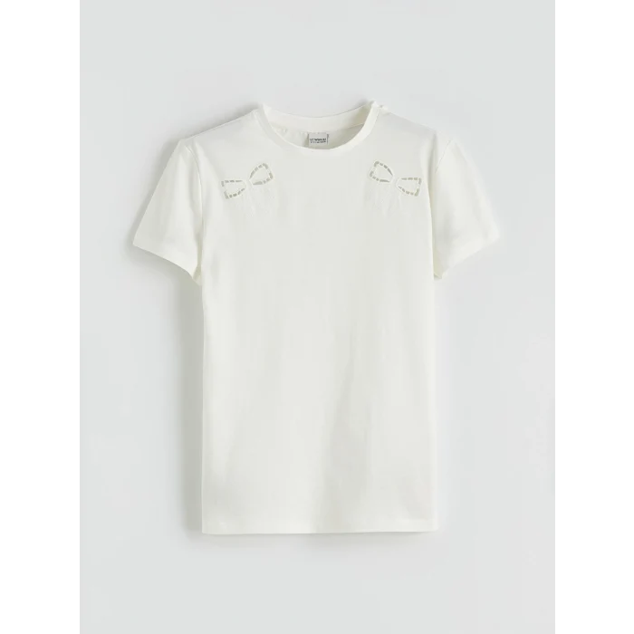LCW Kids Ekru Fiyonk Nakışlı Kız Çocuk Tişört