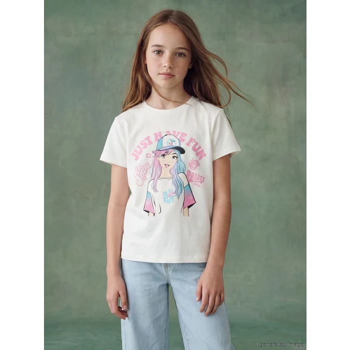 LCW Kids Beyaz Bisiklet Yaka Baskılı Kız Çocuk Tişört