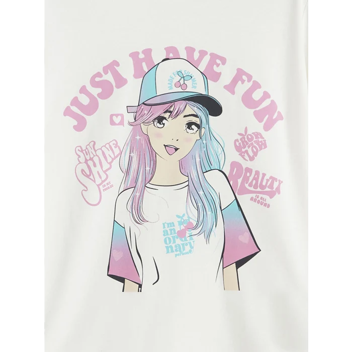 LCW Kids Beyaz Bisiklet Yaka Baskılı Kız Çocuk Tişört