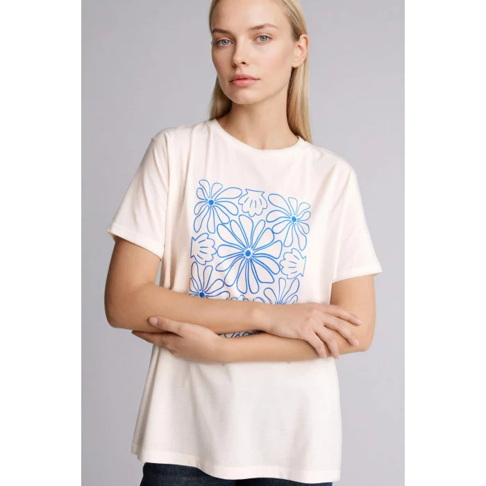 Defacto H2448AXER105 Ekru Regular Fıt Çiçekli Tişört