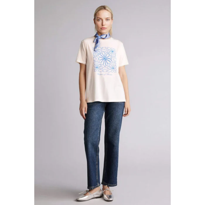 Defacto H2448AXER105 Ekru Regular Fıt Çiçekli Tişört