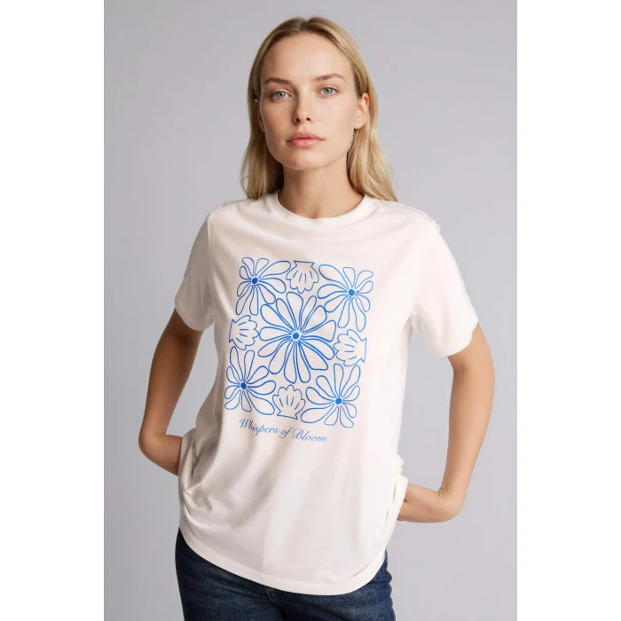 Defacto H2448AXER105 Ekru Regular Fıt Çiçekli Tişört