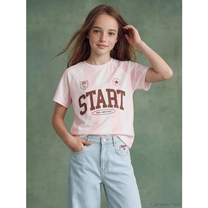 LCW Kids Pembe Bisiklet Yaka Baskılı Kız Çocuk Tişört