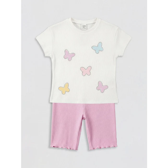 LCW Kids Beyaz Taşlı Kız Çocuk Fitilli Tişört ve Tayt