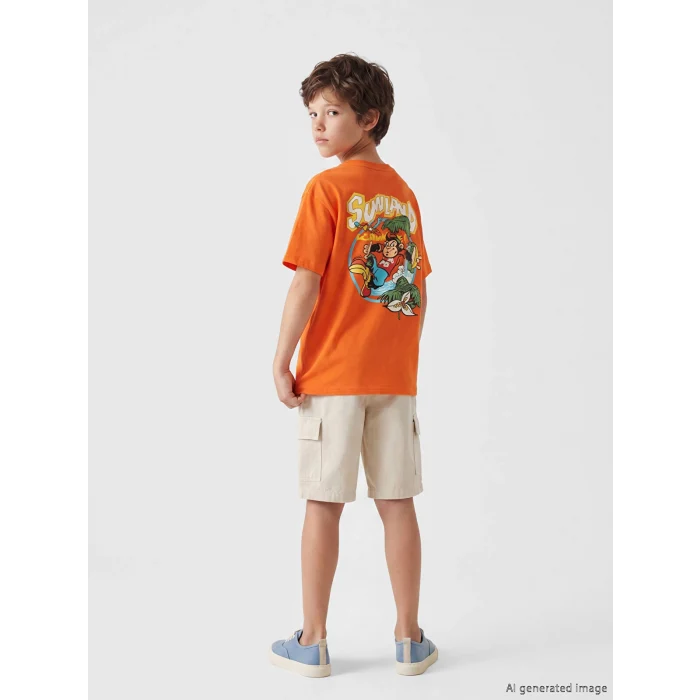 LCW Kids Turuncu Nostaljik Maymun Baskılı Erkek Çocuk Tişört