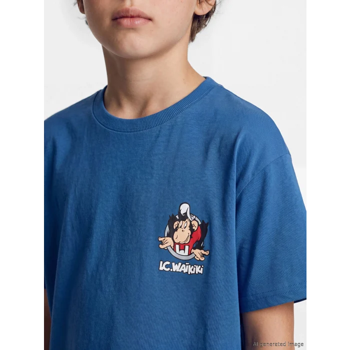 LCW Kids Mavi Nostaljik Maymun Baskılı Erkek Çocuk Tişört