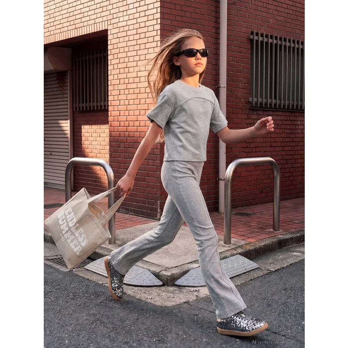 LCW Kids Gri Kısa Kollu Kız Çocuk Tişört ve Tayt