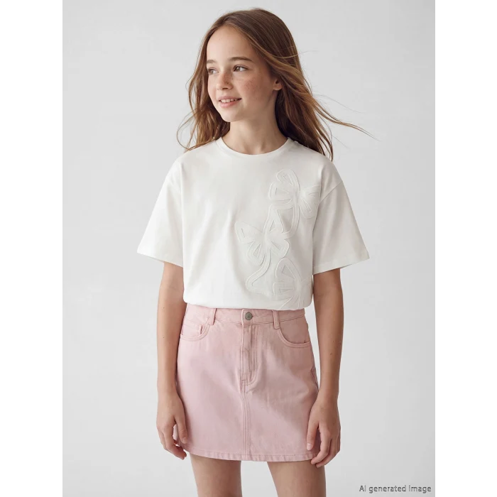 LCW Kids Ekru Bisiklet Yaka Fiyonk Nakışlı Kız Çocuk Tişört