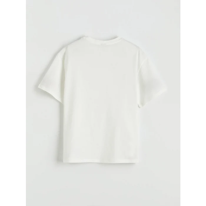 LCW Kids Ekru Bisiklet Yaka Fiyonk Nakışlı Kız Çocuk Tişört