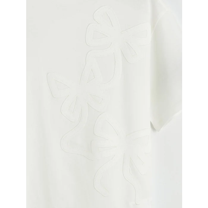 LCW Kids Ekru Bisiklet Yaka Fiyonk Nakışlı Kız Çocuk Tişört