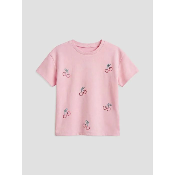 LCW Kids Pembe Fiyonk Baskılı Taşlı Kız Çocuk Tişört