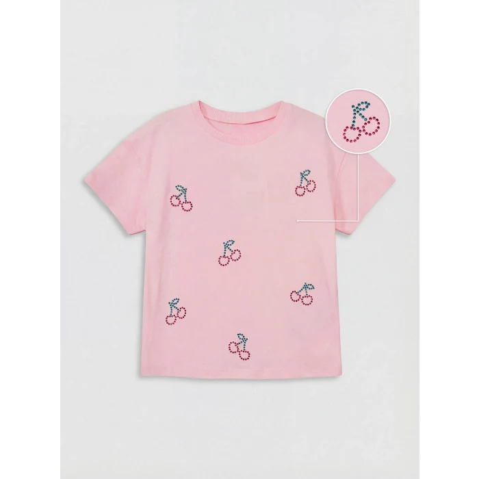 LCW Kids Pembe Fiyonk Baskılı Taşlı Kız Çocuk Tişört