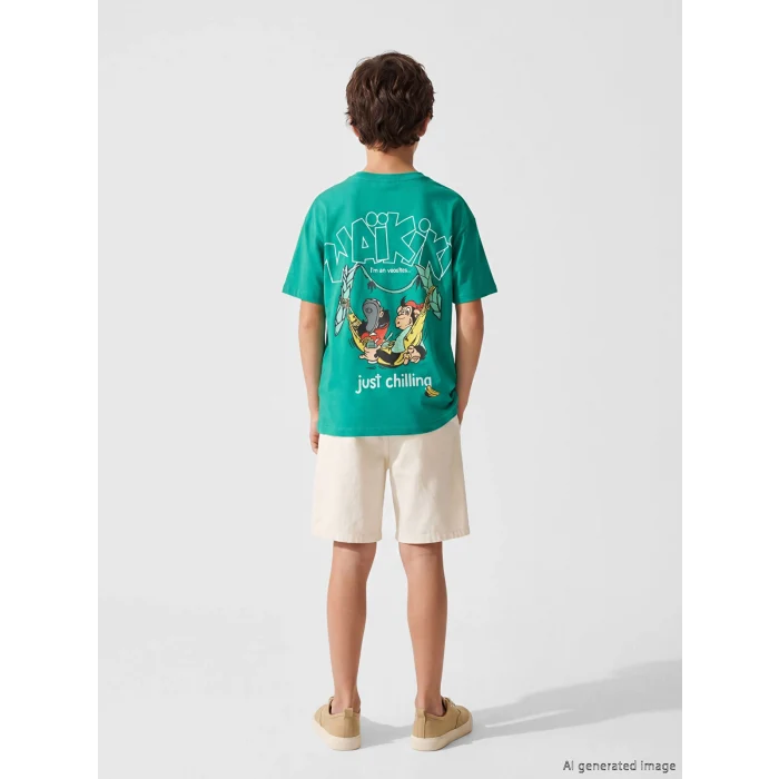 LCW Kids Yeşil Nostaljik Maymun Baskılı Erkek Çocuk Tişört