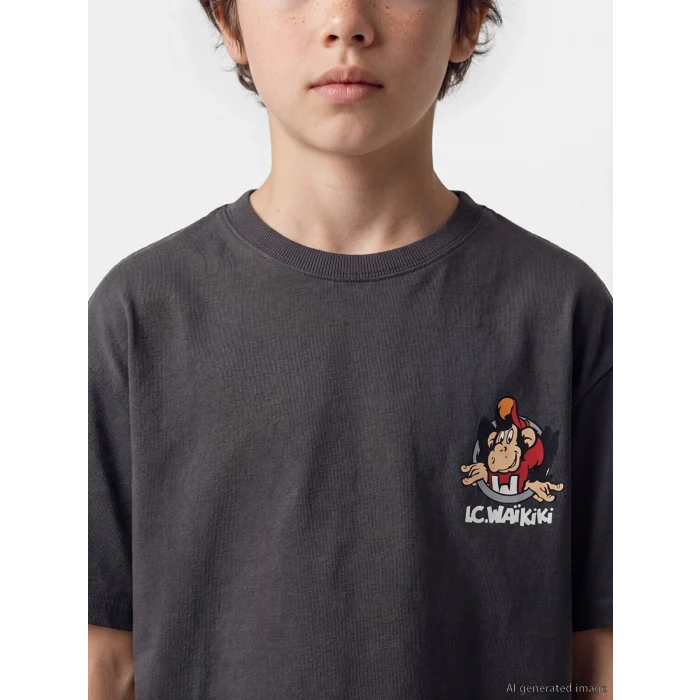 LCW Kids Antrasit Nostaljik Maymun Baskılı Erkek Çocuk Tişört