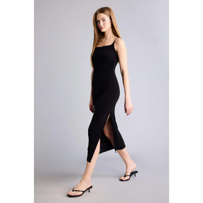 Defacto H6454AXBK81 Siyah Bodycon Vücudu Saran Maxi Elbise