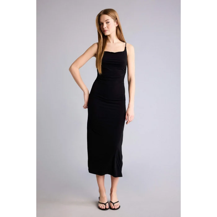 Defacto H6454AXBK81 Siyah Bodycon Vücudu Saran Maxi Elbise