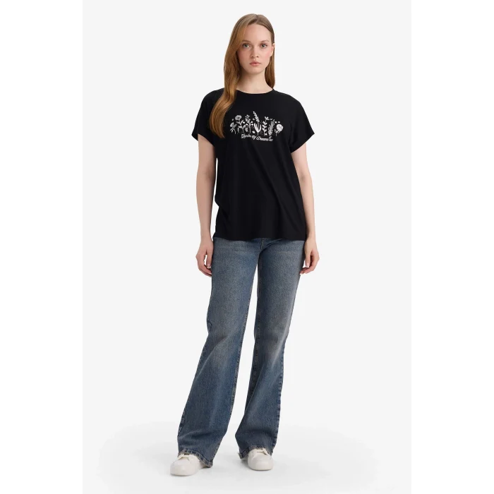 Defacto G2876AXBK81 Siyah Bisiklet Yaka Çiçekli Kısa Kollu Tişört