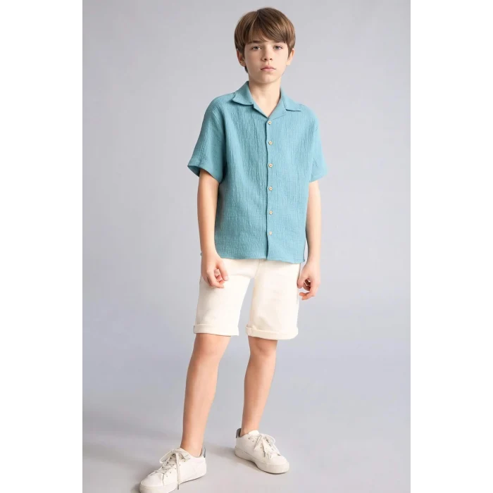 Defacto W3239A6GN382 Yeşil Oversıze Polo Yaka Müslin Kısa Kollu Gömlek Erkek Çocuk
