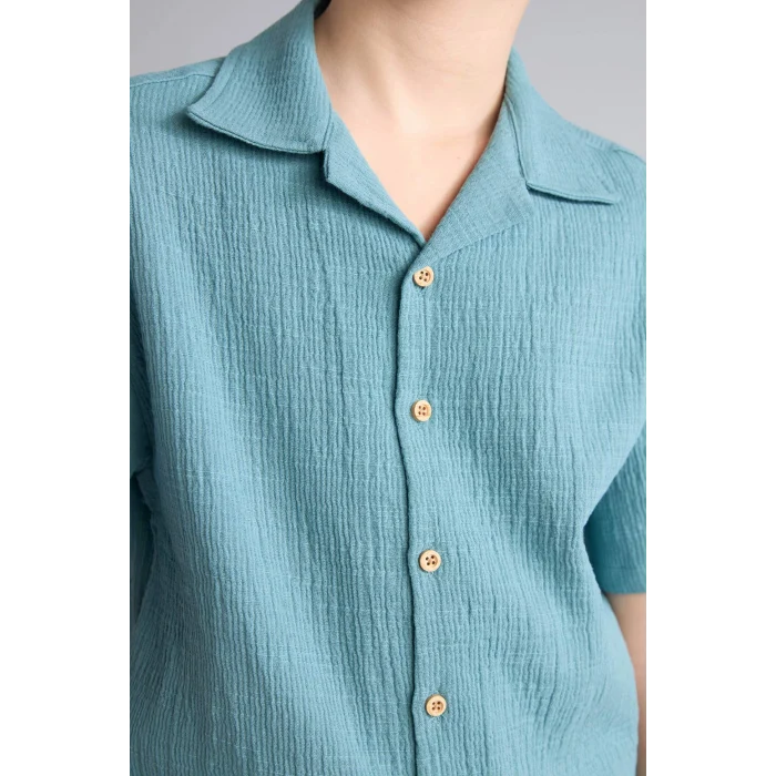 Defacto W3239A6GN382 Yeşil Oversıze Polo Yaka Müslin Kısa Kollu Gömlek Erkek Çocuk