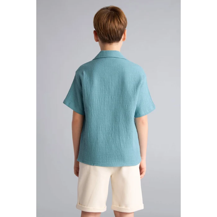 Defacto W3239A6GN382 Yeşil Oversıze Polo Yaka Müslin Kısa Kollu Gömlek Erkek Çocuk