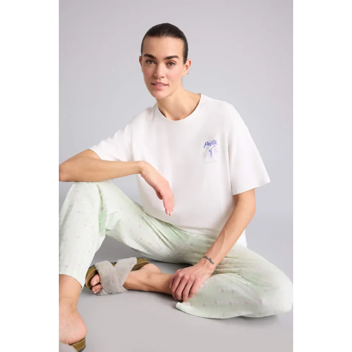 Defacto H2021AXGN1139 Yeşil Pijama Takımı Üst Kareli Alt