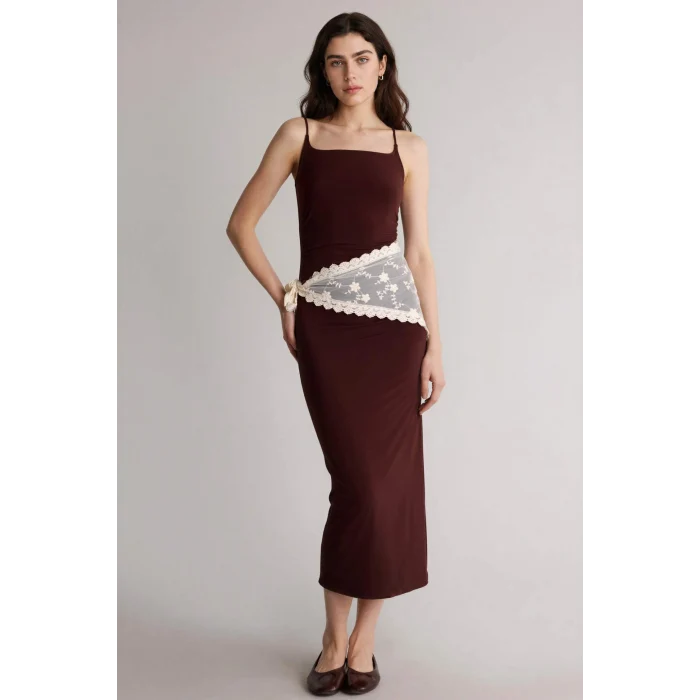 Defacto H6454AXBN207 Kahve Bodycon Vücudu Saran Askılı Maxi Elbise