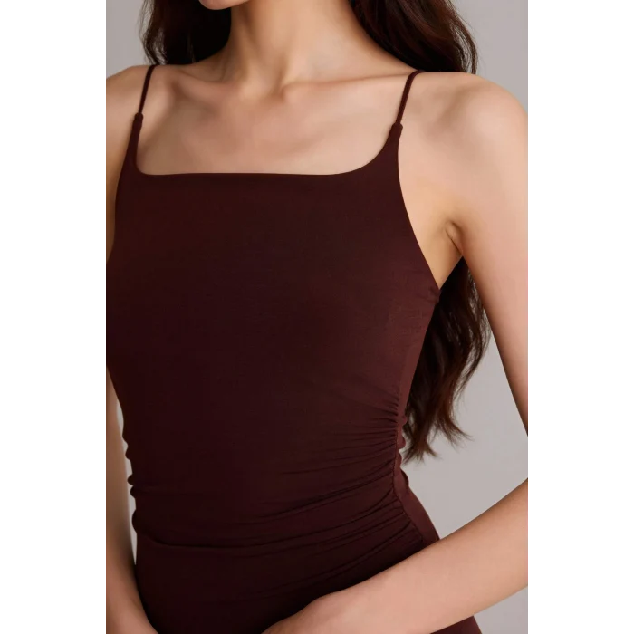 Defacto H6454AXBN207 Kahve Bodycon Vücudu Saran Askılı Maxi Elbise