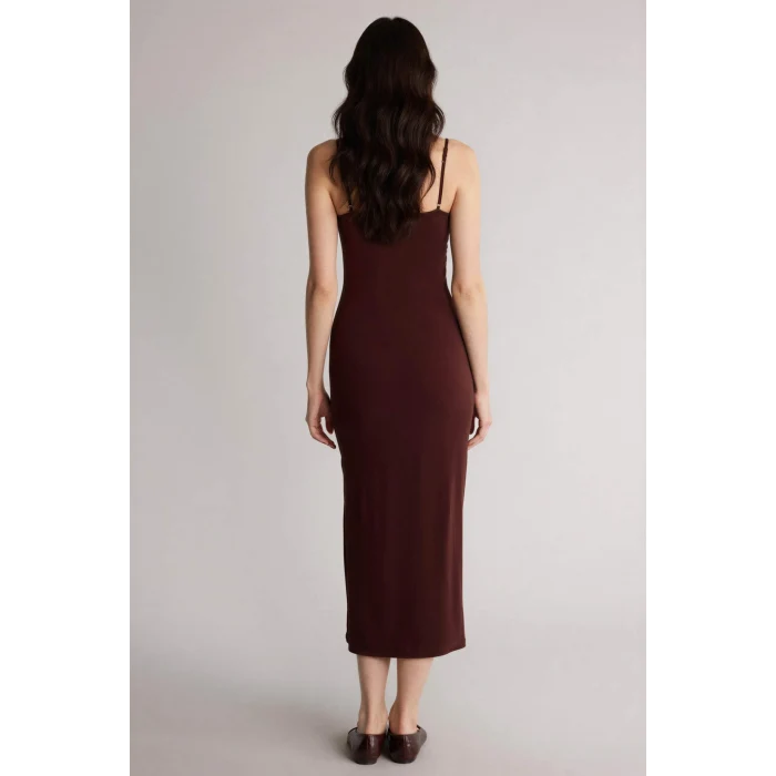 Defacto H6454AXBN207 Kahve Bodycon Vücudu Saran Askılı Maxi Elbise