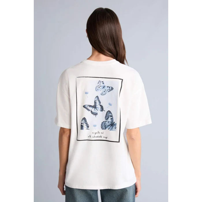 Defacto H7562AXER105 Ekru Oversıze Bisiklet Yaka Kelebek Desenli Kısa Kollu Tişört