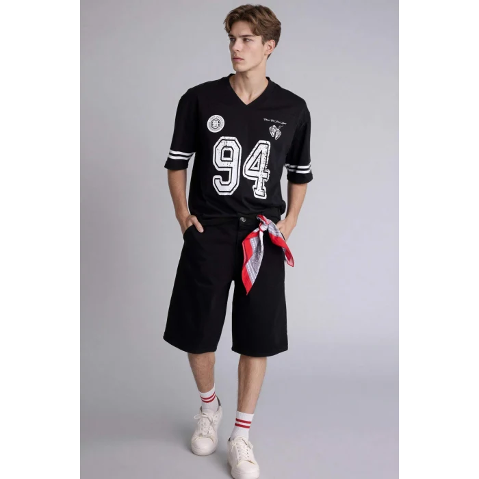 Defacto G4192AXNM40 Siyah %100 Pamuk Baggy Fıt Siyah Bermuda Şort