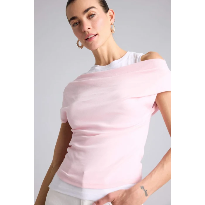 Defacto G9546AXPN186 Pembe Slim Fit Çift Katmanlı Ribana Tişört