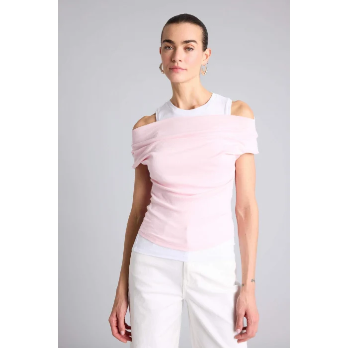 Defacto G9546AXPN186 Pembe Slim Fit Çift Katmanlı Ribana Tişört