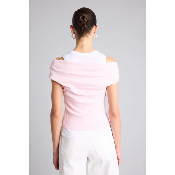 Defacto G9546AXPN186 Pembe Slim Fit Çift Katmanlı Ribana Tişört