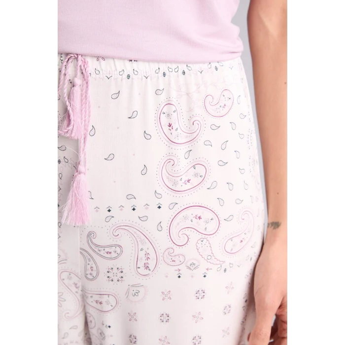 Defacto G4618AXPR336 Mor Pijama Takımı Üst Desenli Alt