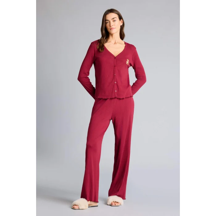 Defacto G0222AXBR205 Bordo Pijama Takımı Regular Fit Pointel Kumaş Uzun Kollu Üst Uzun Alt