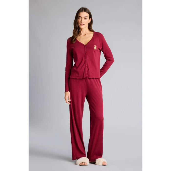 Defacto G0222AXBR205 Bordo Pijama Takımı Regular Fit Pointel Kumaş Uzun Kollu Üst Uzun Alt
