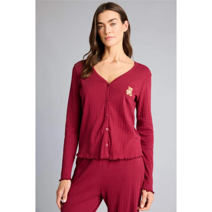 Defacto G0222AXBR205 Bordo Pijama Takımı Regular Fit Pointel Kumaş Uzun Kollu Üst Uzun Alt