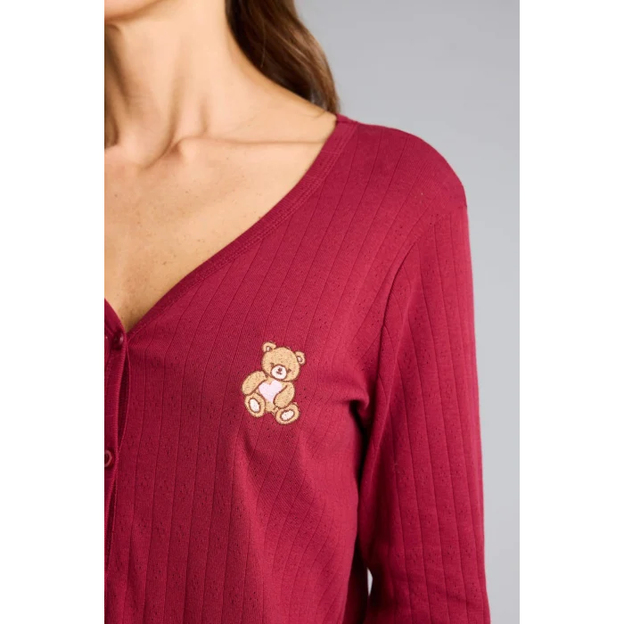 Defacto G0222AXBR205 Bordo Pijama Takımı Regular Fit Pointel Kumaş Uzun Kollu Üst Uzun Alt