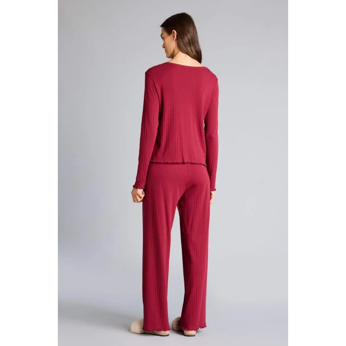 Defacto G0222AXBR205 Bordo Pijama Takımı Regular Fit Pointel Kumaş Uzun Kollu Üst Uzun Alt